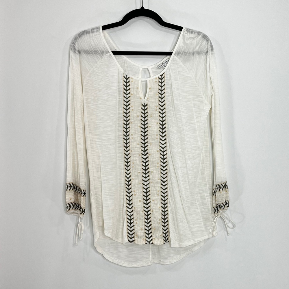 American Eagle White Embroidered Boho Blouse Long Sleeve Rayon Top Large